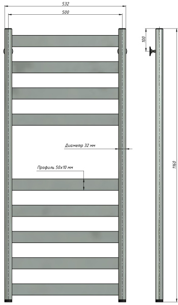 Полотенцесушитель водяной Stinox Napoli 500x1200, нижнее подключение, хром, 1" НР (наружная резьба), 9 перекладин