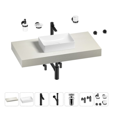Раковина 42 см со столешницей 100 см Wellsee Pure BY Wellsee 201010802 в наборе 10 в 1: столешница, раковина, высокий смеситель, сифон, выпуск, кран-вентили, аксессуары (цвет матовый черный)