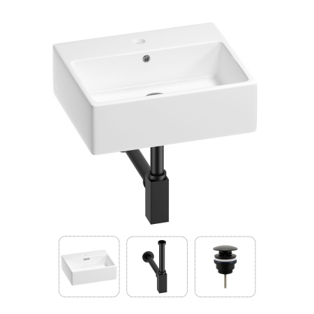 Раковина для ванной Wellsee Graceful Pro 201001332 в наборе 3 в 1: прямоугольная раковина белого глянцевого цвета, сифон, донный клапан в цвете матовый черный