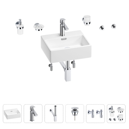 Раковина для ванной Wellsee Graceful Pro 201006611 в наборе 9 в 1: раковина белого глянцевого цвета, смеситель, сифон, донный клапан, угловые вентили, аксессуары (цвет набора хром)