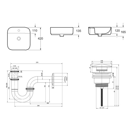Комплект 3 в 1 Lavinia Boho Bathroom Sink 21520272: накладная фарфоровая раковина 42 см, металлический сифон, донный клапан