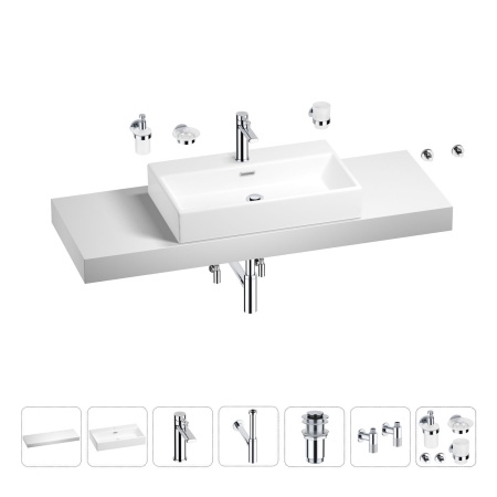 Раковина 70 см со столешницей 140 см Wellsee Graceful Pro 201012796 в наборе 10 в 1: столешница, раковина, смеситель, сифон, донный клапан, угловые вентили, аксессуары (цвет хром)