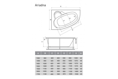 Ванна акриловая левосторонняя Relisan ARIADNA Гл000001415, 145x95