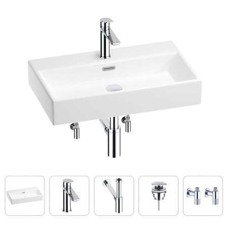 Раковина для ванной Wellsee Graceful Pro 201004626 в наборе 5 в 1: раковина белого глянцевого цвета, смеситель, сифон, донный клапан, угловые вентили (цвет набора хром)