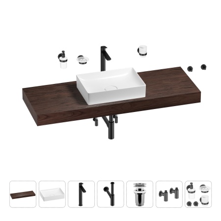 Раковина 50 см со столешницей 140 см Wellsee Pure BY Wellsee 201011492 в наборе 10 в 1: столешница, раковина, высокий смеситель, сифон, выпуск, кран-вентили, аксессуары (цвет матовый черный)