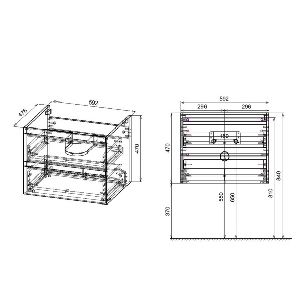 Тумба Vincea Luka 600 подвесная, 2 выкатных ящика soft-close, T.Oak с умывальником VCB-13600G из кварца, цвет серый