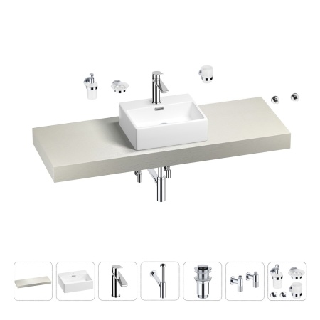 Раковина 43 см со столешницей 140 см Wellsee Graceful Pro 201012331 в наборе 10 в 1: столешница, раковина, смеситель, сифон, донный клапан, угловые вентили, аксессуары (цвет хром)