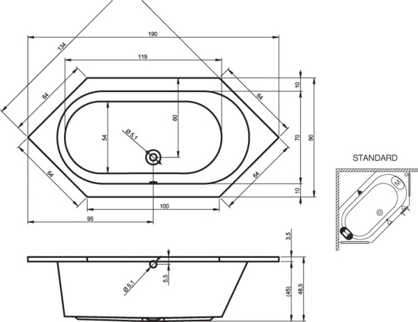 Акриловая ванна с усиленным каркасом и сифоном Riho Kansas 190x90 BA9700500000000