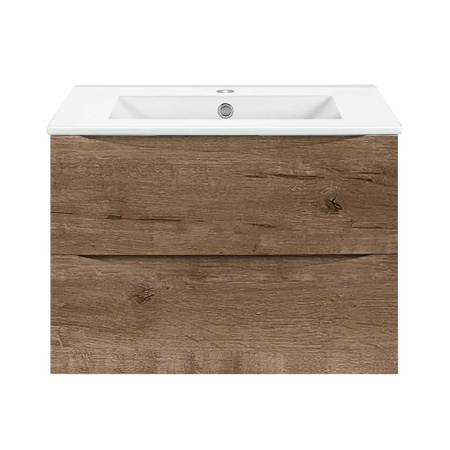 Тумба Vincea Mia Slim 600 подвесная, 2 выкатных ящика soft close, V.Oak с умывальником VBS-13960S1 керамическая, цвет белый