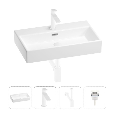Раковина для ванной Wellsee Graceful Pro 201002965 в наборе 4 в 1: раковина белого глянцевого цвета, смеситель, сифон, донный клапан (цвет набора матовый белый)