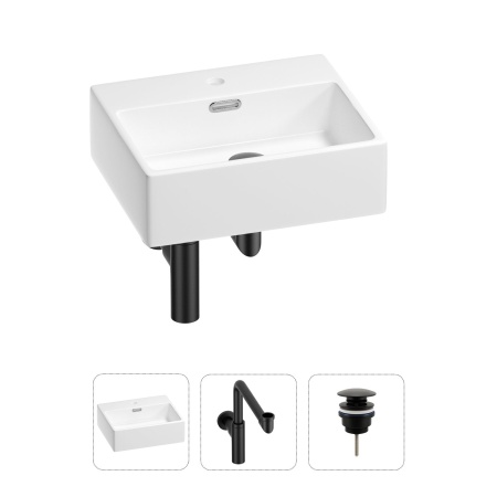 Раковина для ванной Wellsee Graceful Pro 201001322 в наборе 3 в 1: прямоугольная раковина белого глянцевого цвета, сифон, донный клапан в цвете матовый черный
