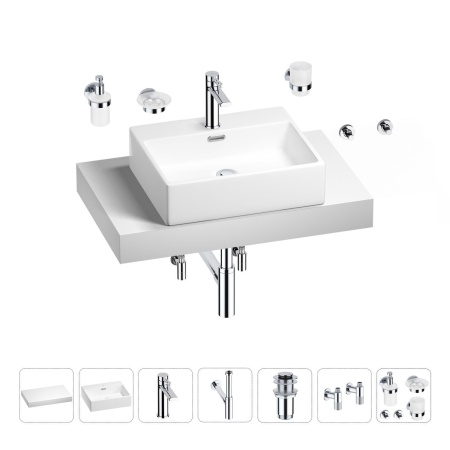 Раковина 50 см со столешницей 80 см Wellsee Graceful Pro 201012436 в наборе 10 в 1: столешница, раковина, смеситель, сифон, донный клапан, угловые вентили, аксессуары (цвет хром)