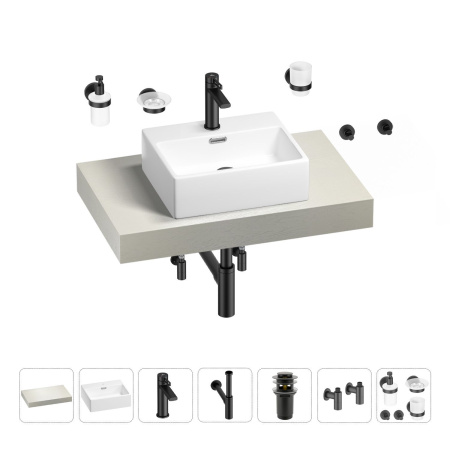 Раковина 43 см со столешницей 80 см Wellsee Graceful Pro 201012157 в наборе 10 в 1: столешница, раковина, смеситель, сифон, донный клапан, угловые вентили, аксессуары (цвет матовый черный)