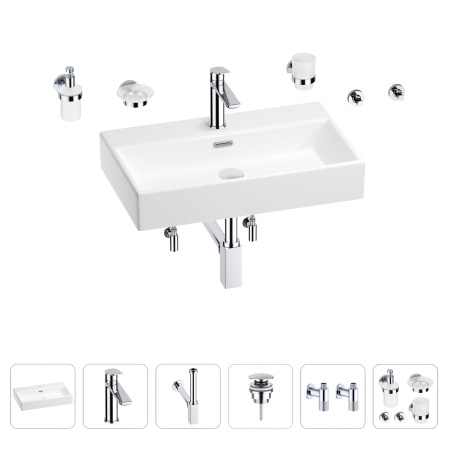 Раковина для ванной Wellsee Graceful Pro 201006711 в наборе 9 в 1: раковина белого глянцевого цвета, смеситель, сифон, донный клапан, угловые вентили, аксессуары (цвет набора хром)