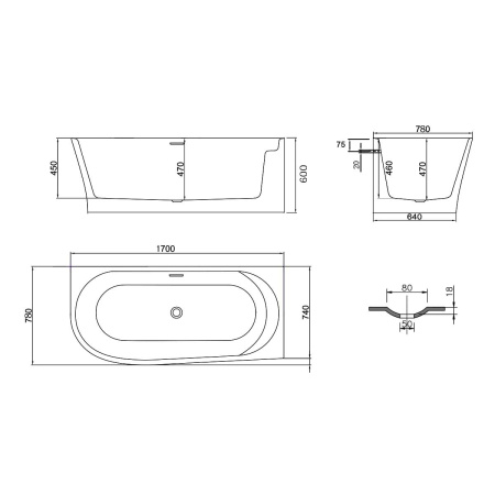 Ванна акриловая Vincea VBT-301-1700R, 1700*780*600, цвет белый, правая, слив-перелив в комплекте, хром