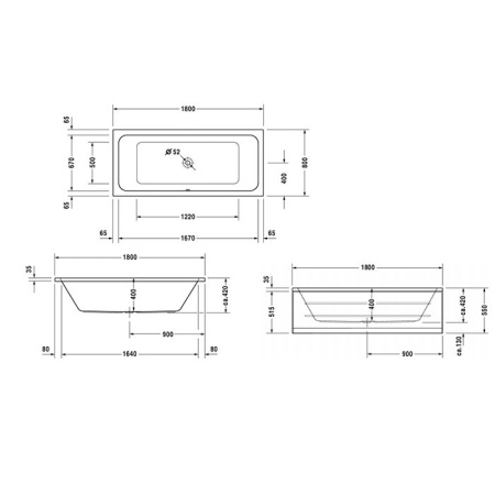 Duravit D-Code  Ванна акриловая 1800х800 мм , встр., с 2 наклонами, выпуск центр, цвет белый (без ножек и слива-перелива) (Спец.цена из наличия)