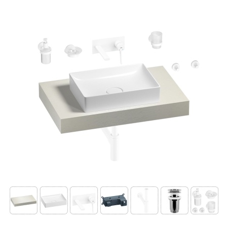 Раковина 50 см со столешницей 80 см Wellsee Pure BY Wellsee 201011090 в наборе 9 в 1: столешница, раковина, встраиваемый смеситель, сифон, выпуск, аксессуары (цвет набора матовый белый)