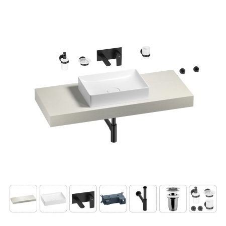 Раковина 50 см со столешницей 120 см Wellsee Pure BY Wellsee 201011322 в наборе 9 в 1: столешница, раковина, встраиваемый смеситель, сифон, выпуск, аксессуары (цвет набора матовый черный)