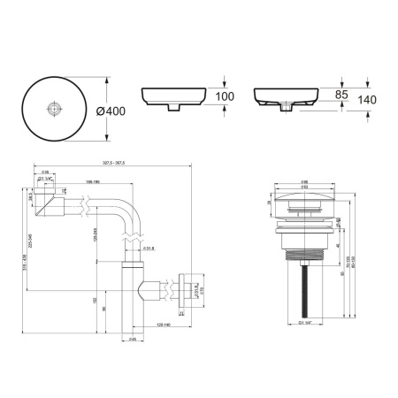Комплект 3 в 1 Lavinia Boho Bathroom Sink 21520212: накладная фарфоровая раковина 40 см, металлический сифон, донный клапан
