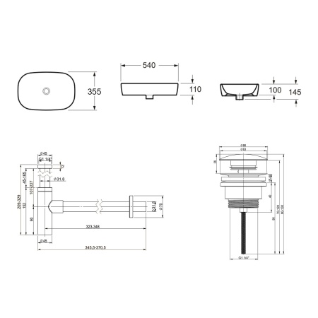 Комплект 3 в 1 Lavinia Boho Bathroom Sink 21520092: накладная фарфоровая раковина 54 см, металлический сифон, донный клапан