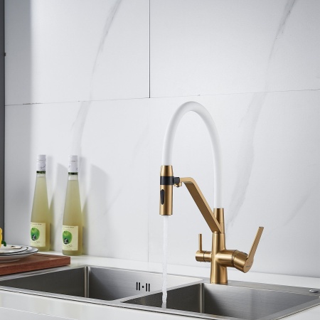 Смеситель для кухни с гибким изливом и подключением фильтра Shevanik S278G, золотой сатин