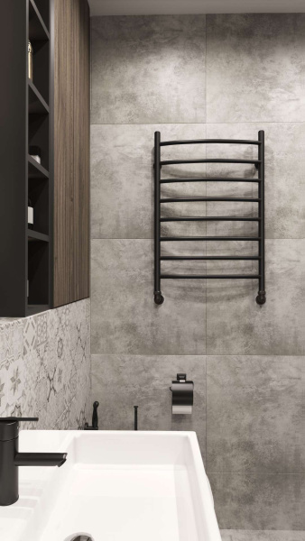 Полотенцесушитель водяной ARIANO Флоренция 80х53 черный матовый, 8 перекладин, американки угловые 1'x1' в комплекте