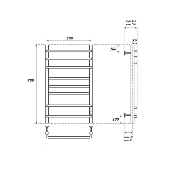 Полотенцесушитель электрический Point PN90858 П8 500x800 диммер справа, хром