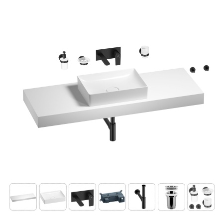 Раковина 50 см со столешницей 140 см Wellsee Pure BY Wellsee 201011522 в наборе 9 в 1: столешница, раковина, встраиваемый смеситель, сифон, выпуск, аксессуары (цвет набора матовый черный)
