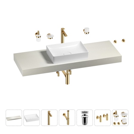 Раковина 50 см со столешницей 140 см Wellsee Pure BY Wellsee 201011433 в наборе 10 в 1: столешница, раковина, высокий смеситель, сифон, выпуск, кран-вентили, аксессуары (цвет золото)