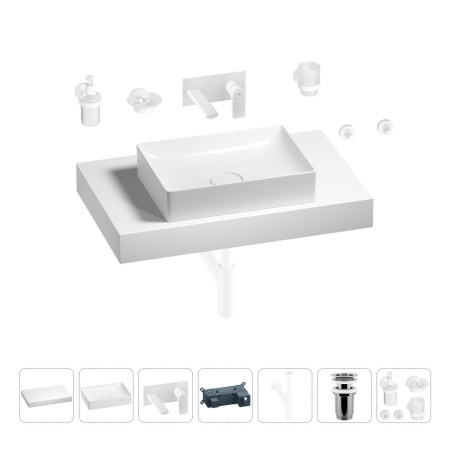 Раковина 50 см со столешницей 80 см Wellsee Pure BY Wellsee 201011165 в наборе 9 в 1: столешница, раковина, встраиваемый смеситель, сифон, выпуск, аксессуары (цвет набора матовый белый)