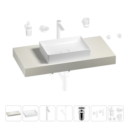 Раковина 50 см со столешницей 100 см Wellsee Pure BY Wellsee 201011195 в наборе 10 в 1: столешница, раковина, высокий смеситель, сифон, выпуск, кран-вентили, аксессуары (цвет матовый белый)