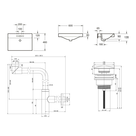 Комплект 3 в 1 Lavinia Boho Bathroom Sink 21520593: врезная фарфоровая раковина 60 см, металлический сифон, донный клапан