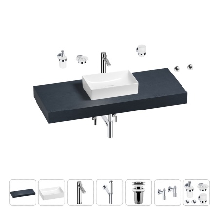 Раковина 42 см со столешницей 120 см Wellsee Pure BY Wellsee 201010906 в наборе 10 в 1: столешница, раковина, высокий смеситель, сифон, выпуск, кран-вентили, аксессуары (цвет хром)