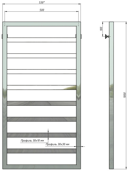 Полотенцесушитель водяной Stinox Bergamo 500x1000, нижнее подключение, хром, 1/2" ВР (внутренняя резьба), 8 перекладин