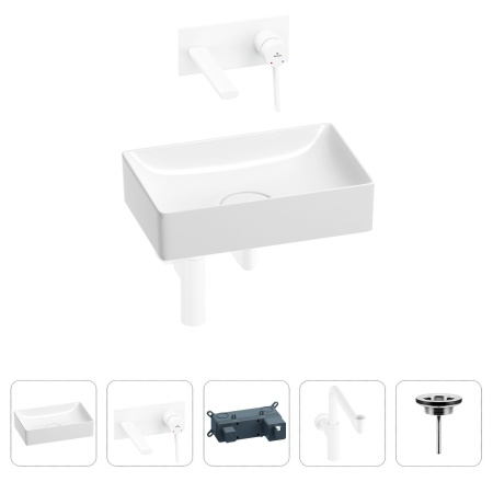 Раковина для ванной Wellsee Pure BY Wellsee 201002600 в наборе 4 в 1: раковина белого глянцевого цвета, встраиваемый смеситель, сифон, выпуск (цвет набора матовый белый)