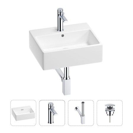 Раковина для ванной Wellsee Graceful Pro 201002916 в наборе 4 в 1: раковина белого глянцевого цвета, смеситель, сифон, донный клапан (цвет набора хром)
