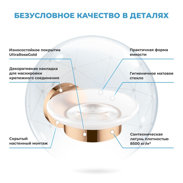 Стеклянная мыльница с латунным настенным держателем Wellsee Finishing Touch 182504000 (цвет мыльницы матовый, цвет держателя розовое золото). Для применения в ванной комнате и кухне