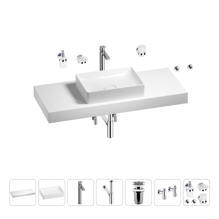 Раковина 50 см со столешницей 120 см Wellsee Pure BY Wellsee 201011391 в наборе 10 в 1: столешница, раковина, высокий смеситель, сифон, выпуск, кран-вентили, аксессуары (цвет хром)