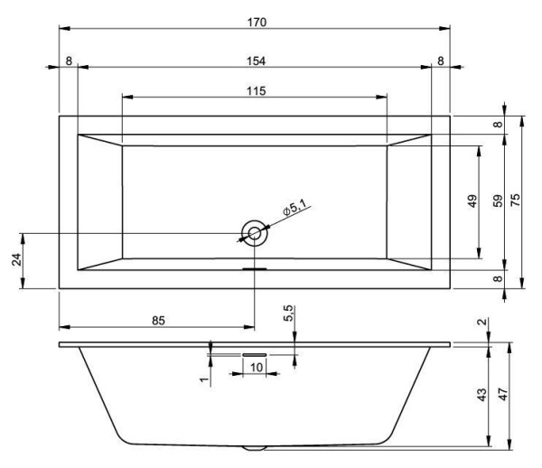 Акриловая ванна с усиленным каркасом и сифоном Riho Rething Cubic 170x75 BR0700500000000
