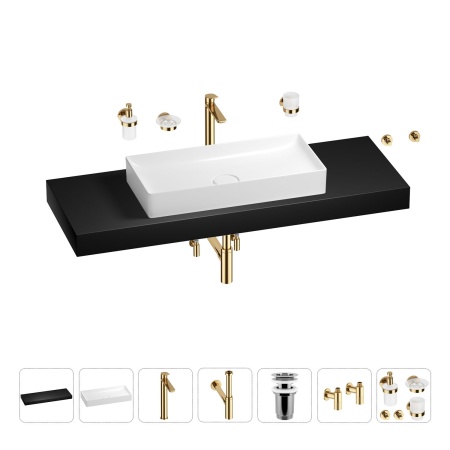 Раковина 75 см со столешницей 140 см Wellsee Pure BY Wellsee 201011893 в наборе 10 в 1: столешница, раковина, высокий смеситель, сифон, выпуск, кран-вентили, аксессуары (цвет золото)