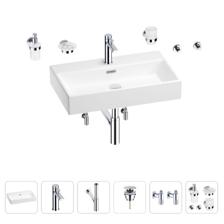 Раковина для ванной Wellsee Graceful Pro 201006736 в наборе 9 в 1: раковина белого глянцевого цвета, смеситель, сифон, донный клапан, угловые вентили, аксессуары (цвет набора хром)