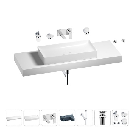 Раковина 75 см со столешницей 140 см Wellsee Pure BY Wellsee 201011881 в наборе 9 в 1: столешница, раковина, встраиваемый смеситель, сифон, выпуск, аксессуары (цвет набора хром)