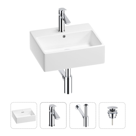 Раковина для ванной Wellsee Graceful Pro 201002901 в наборе 4 в 1: раковина белого глянцевого цвета, смеситель, сифон, донный клапан (цвет набора хром)