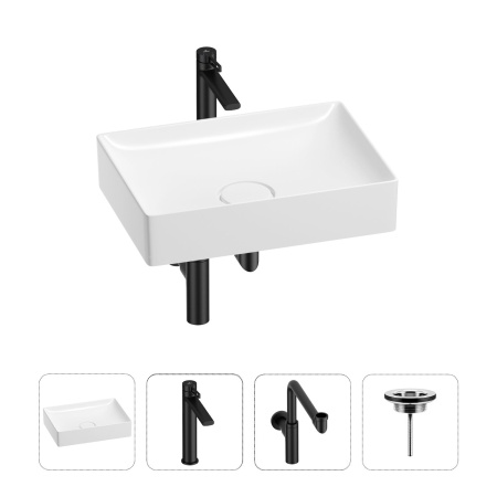 Раковина для ванной Wellsee Pure BY Wellsee 201002687 в наборе 4 в 1: раковина белого глянцевого цвета, высокий смеситель, сифон, выпуск (цвет набора матовый черный)