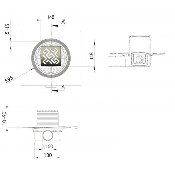 Трап BERGES водосток ZENTRUM Antik 150х150 золото глянец выпуск D50 H65 боковой