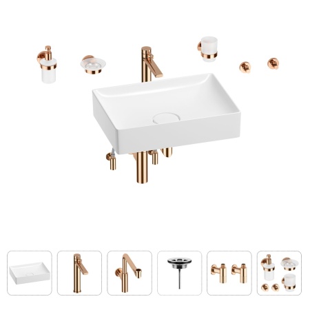 Раковина для ванной Wellsee Pure BY Wellsee 201006439 в наборе 9 в 1: раковина белого глянцевого цвета, высокий смеситель, сифон, выпуск, угловые вентили, аксессуары (цвет розовое золото)