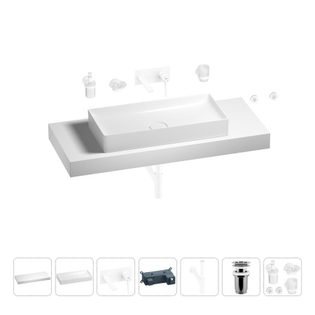 Раковина 75 см со столешницей 120 см Wellsee Pure BY Wellsee 201011770 в наборе 9 в 1: столешница, раковина, встраиваемый смеситель, сифон, выпуск, аксессуары (цвет набора матовый белый)