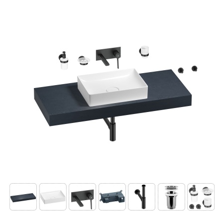 Раковина 50 см со столешницей 120 см Wellsee Pure BY Wellsee 201011347 в наборе 9 в 1: столешница, раковина, встраиваемый смеситель, сифон, выпуск, аксессуары (цвет набора матовый черный)