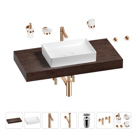 Раковина 50 см со столешницей 100 см Wellsee Pure BY Wellsee 201011259 в наборе 10 в 1: столешница, раковина, высокий смеситель, сифон, выпуск, кран-вентили, аксессуары (цвет розовое золото)