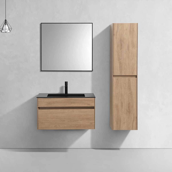 Тумба Vincea Chiara 800 подвесная, 1 выкатной ящик soft-close, N.Oak с умывальником VCB-13800B из кварца, цвет черный
